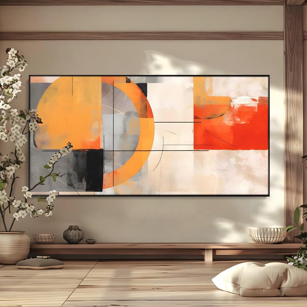 Tablou canvas cu pictura abstracta cu cerc galben, in rama de aluminiu negru